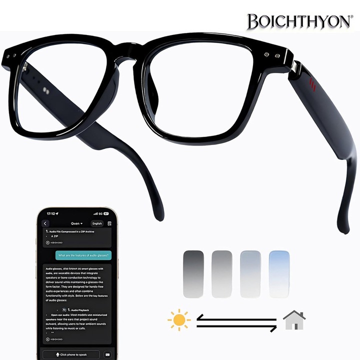 Boichthyon® Okos Szemüveg Bluetooth-szal, Fotokromatikus Lencsékkel, Nyitott Fülű Hangszórókkal, Kihangosított Hívásokkal és Zenelejátszással, Unisex Design