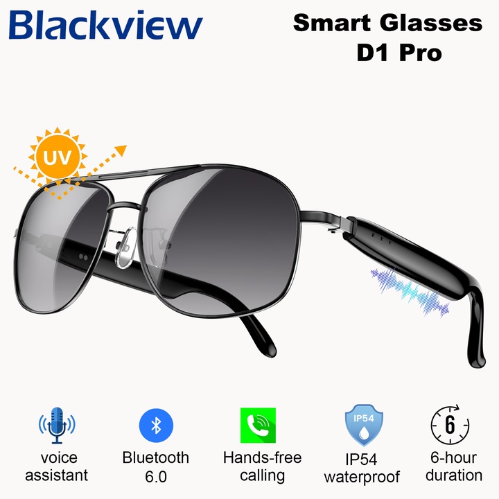 Смарт очила Blackview D1 Pro, Bluetooth разговори, отворено звуково поле, гласов асистент, IP54, външни слънчеви очила с тъчскрийн, анти-UV, Bluetooth 6.0, двойни батерии, могат да се използват непрекъснато 6 часа, черни
