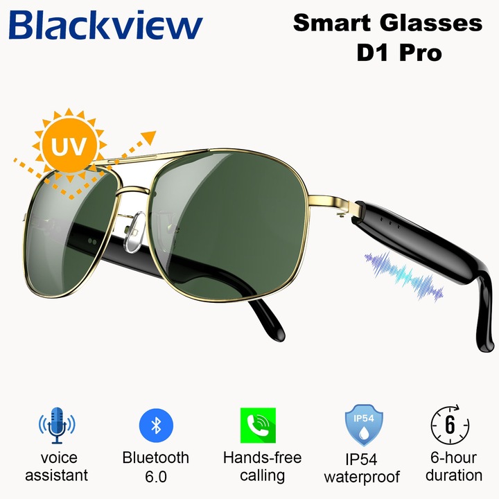 Смарт очила Blackview D1 Pro, Bluetooth разговори, отворено звуково поле, гласов асистент, IP54, външни слънчеви очила с тъчскрийн, анти-UV, Bluetooth 6.0, двойни батерии, могат да се използват непрекъснато 6 часа, Златисто жълт
