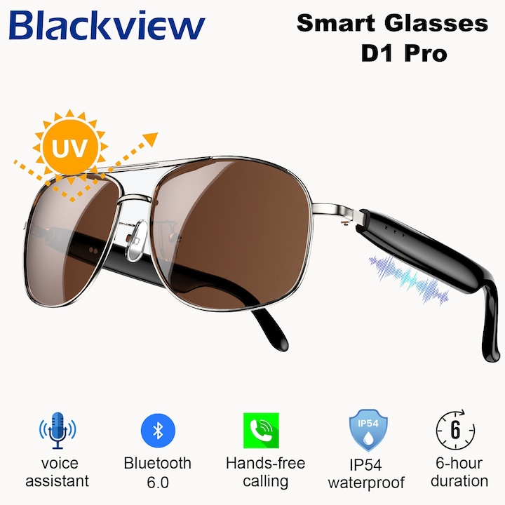Смарт очила Blackview D1 Pro, Bluetooth разговори, отворено звуково поле, гласов асистент, IP54, външни слънчеви очила с тъчскрийн, анти-UV, Bluetooth 6.0, двойни батерии, могат да се използват непрекъснато 6 часа, сребристи