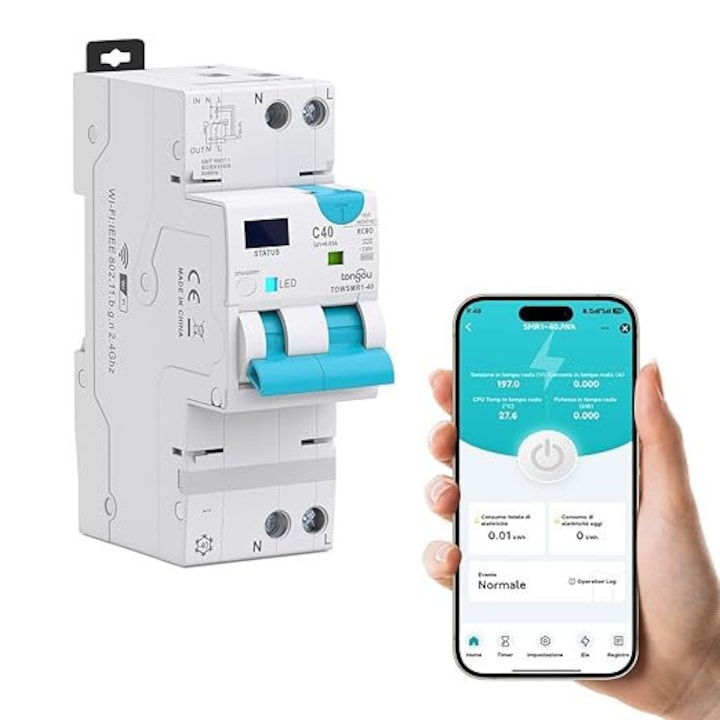 Siguranță diferențială inteligentă WiFi TONGOU 40A 30mA, RCBO, control prin Tuya, montaj pe șină DIN, dimensiuni 49x36x120mm