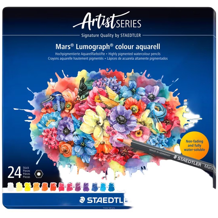 Set 24 creioane colorate - Aquarell Mars Artist, Lemn, Scoala generala