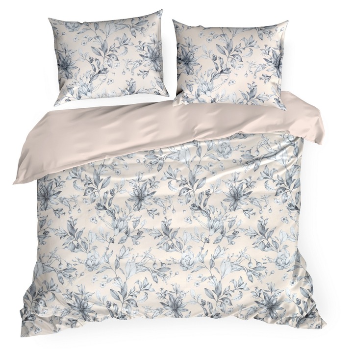 Set lenjerie de pat Eurofirany, 220x200 cm, 3 piese, makosatin, motiv floral, pudra bleu