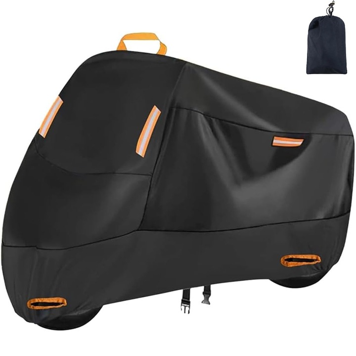 Husa moto Oxford, Hggzeg, XXL, Husa protectie moto cu banda reflectorizanta, Prelata bicicleta cu chinga cu catarama si elastic elastic, Rezistenta la ploaie, Rezistent la praf, Vant si razele UV, 245*105*125cm, Negru/Portocaliu