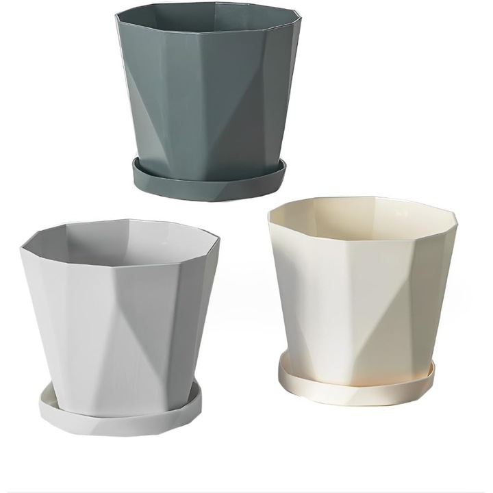 Set 3 ghivece de flori din plastic, 5 inch, cu orificii de drenaj si tavite, design minimalist, pentru interior si exterior