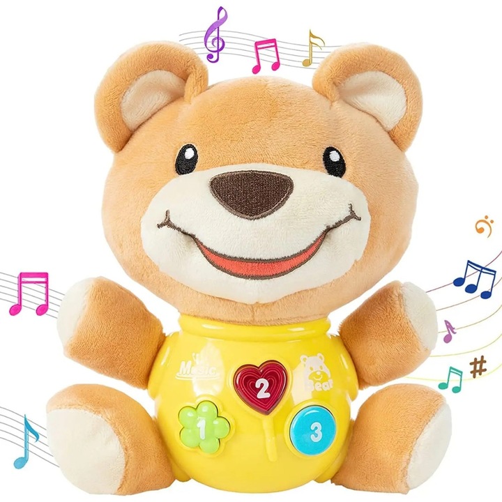 Jucarie pentru Bebelusi, Ursulet de Plus cu Sunete si Lumini, 12 Melodii, Lumini Interactive, pentru Fete si Baieti, 0-36 luni, Maro