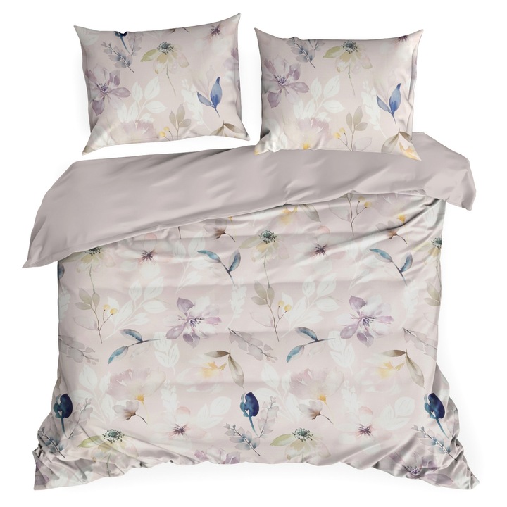 Lenjerie de pat set 3 piese Eurofirany, 220x200 cm, bumbac makosatin, motiv floral, roz deschis, alb