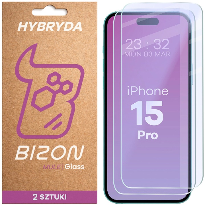 Set 2 Sticla de protectie, Bizon Glass Mule Duo pentru iPhone 15 Pro