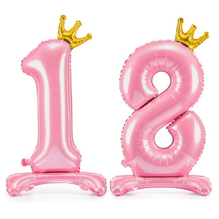 Balon stand 34", VIVA PARTY, cifre 1 si 8, roz cu coroana aurie, ideal pentru petrecerea de 18 ani