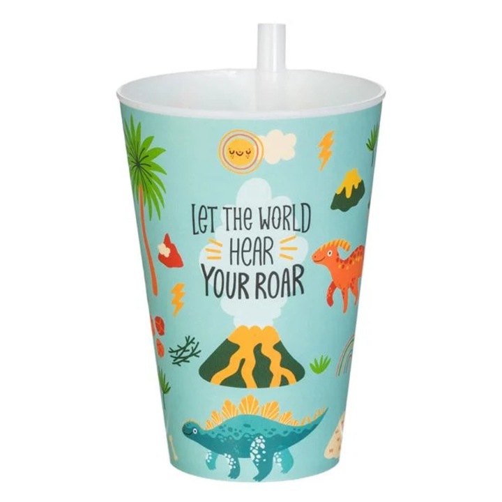 Pahar plastic cu pai verde menta dinozauri 400ml copii