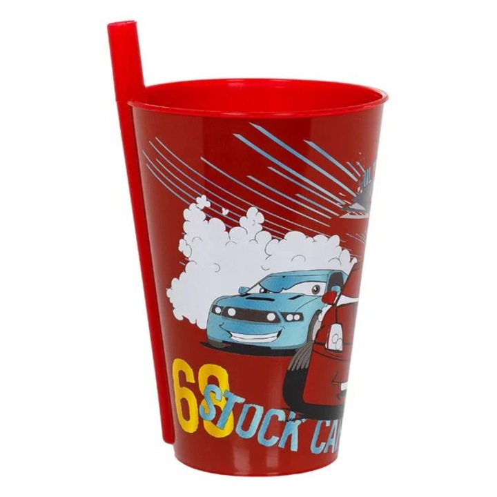 Pahar plastic cu pai rosu Cars 400ml pentru baieti