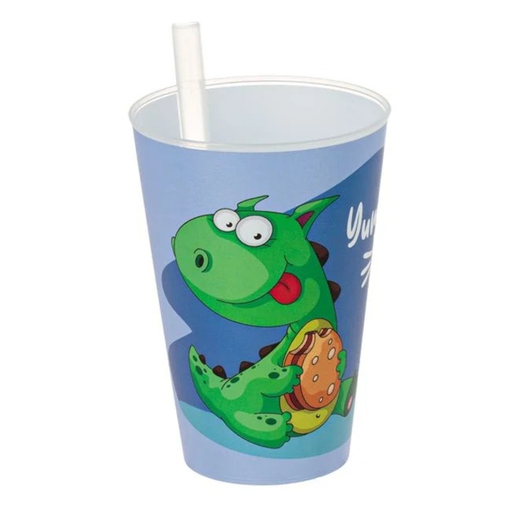 Pahar plastic cu pai dinozaur pentru baieti 400ml