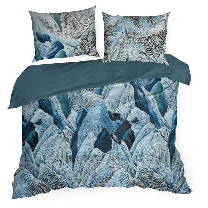 Set lenjerie de pat Eurofirany, 220x200 cm, 3 piese, makosatina bumbac, design artistic, turcoaz-alb