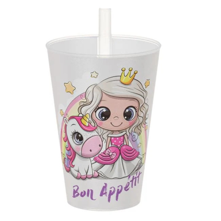 Pahar copii cu pai printesa unicorn plastic alb 400ml