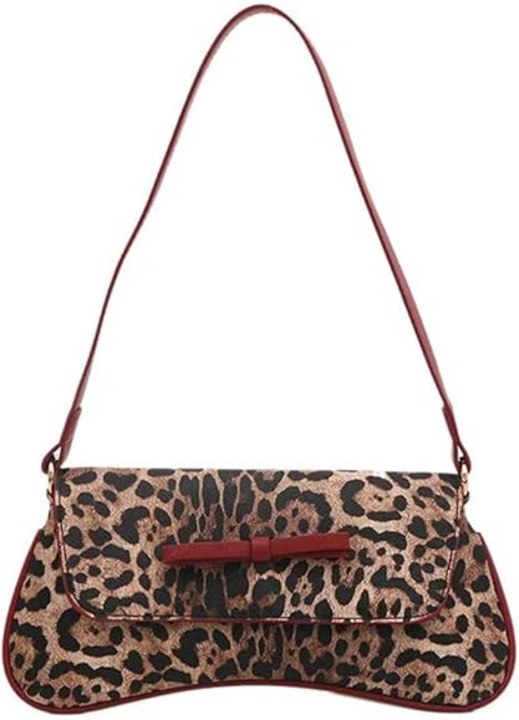 Geanta de umar pentru femei cu model leopard, funda rosie, geanta subtire de tip flap, culoare maro, 27x13x0.5cm
