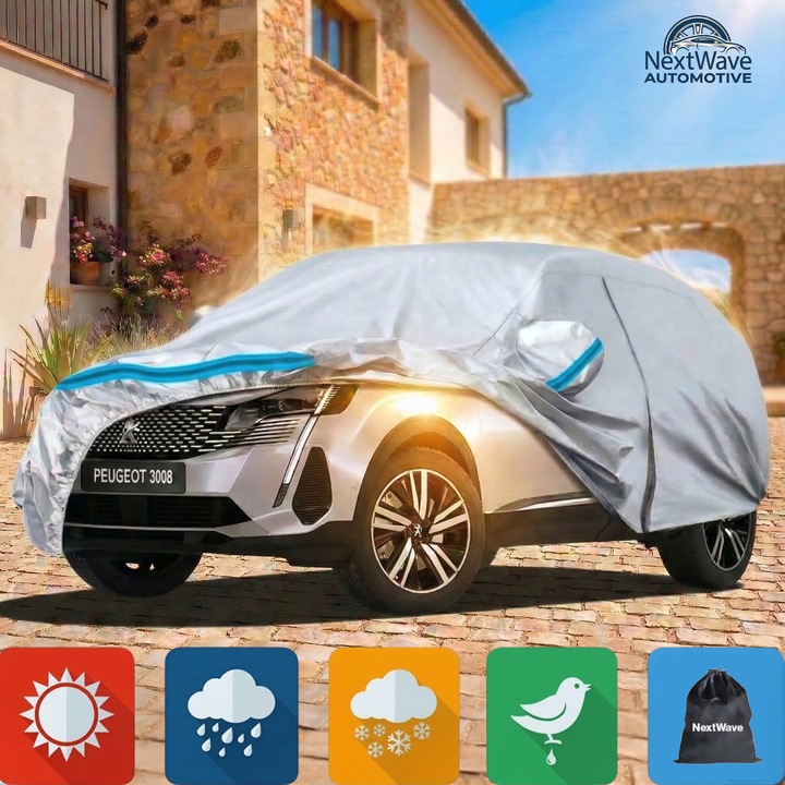 Prelata Auto Premium NextWave®, Impermeabila, Protectie UV, Praf, Zapada, Inghet, Universala pentru SUV, Buzunare Oglinzi, Fermoar Usa Sofer, Material Premium, Husa Saculet Depozitare, benzi reflectorizante albastre, 470 x 190 x 185 cm