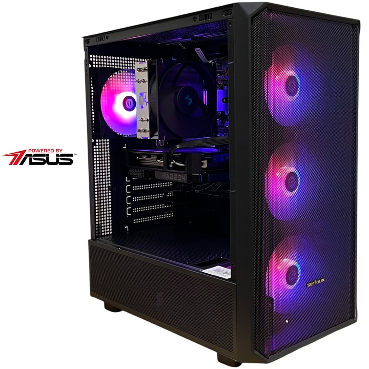 Sistem Desktop PC Gaming Serioux Powered by ASUS cu procesor AMD Ryzen™ 5 8400F pana la 4.7GHz, 16GB DDR5, 1TB SSD, ASUS Dual Radeon™ RX 9060 8GB GDDR6, No OS, Negru