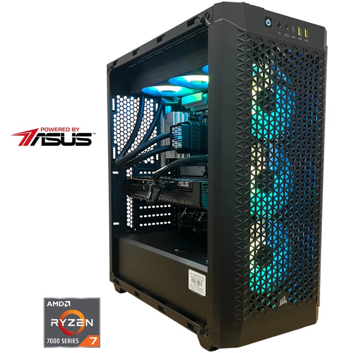 Sistem Desktop PC Gaming Serioux Powered by ASUS cu procesor AMD Ryzen™ 7 7800X3D pana la 5.0GHz, 32GB DDR5, 1TB SSD, ASUS PRIME AMD Radeon™ RX 9070 XT OC 16GB GDDR6, No OS, Negru