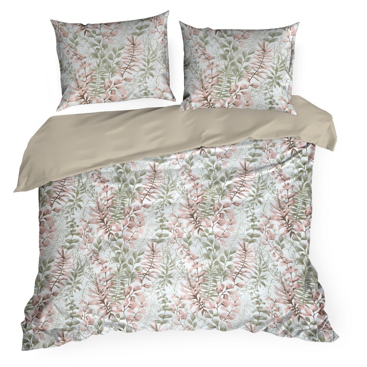 Set lenjerie de pat 3 piese, Eurofirany, 220x200cm, roz pudrat, alb, motiv floral