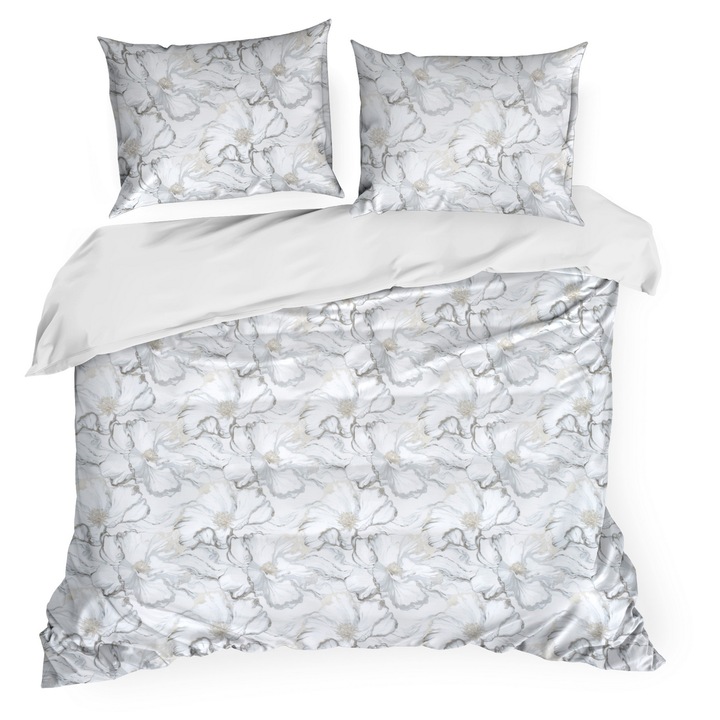 Lenjerie de pat 3 piese Eurofirany, 160x200 cm, satina bumbac, model floral, crem, gri deschis