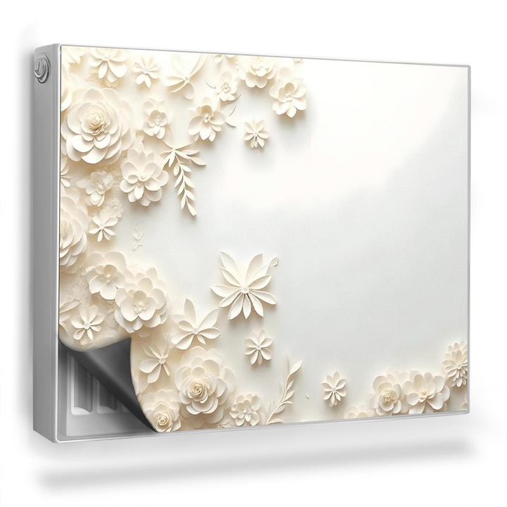 Capac decorativ pentru calorifer, Wallfluent, Flori sculptate, Crem, 80 x 60 cm, 010220260030000282458