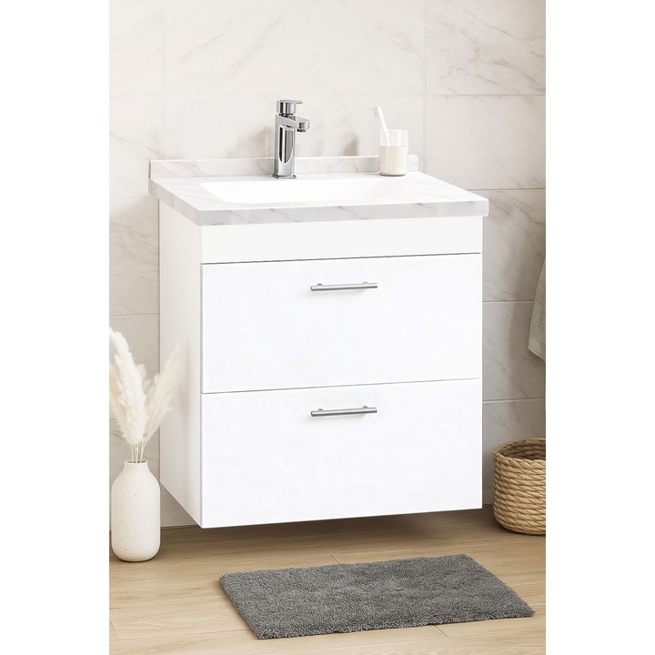 Mobilier de baie KIT Baza si lavoar Dubai, cu soft-close, Badenmob, seria 867, Suspendat cu sertare, 60x54x46cm, Alb