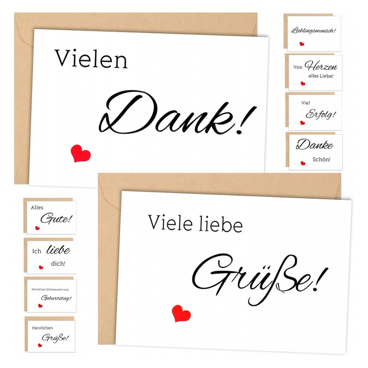 Set 20 piese, 10 carduri de felicitare si 10 plicuri Yoosso cu urari in limba germana, 15 x 10 cm, hartie, multicolor