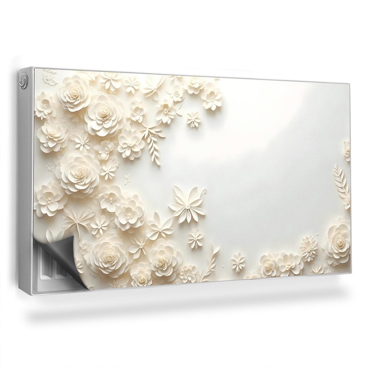 Capac decorativ pentru calorifer, Wallfluent, Flori sculptate, Crem, 110 x 60 cm, 010220260020000282458