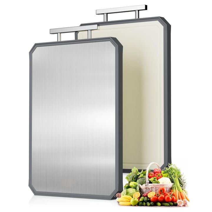 Tocator de bucatarie Leccik®, fund de taiat cu doua fete din otel inoxidabil si polipropilena din paie de grau, dimensiune mare 40x28 cm, antibacterian, compatibil cu masina de spalat vase, Argintiu