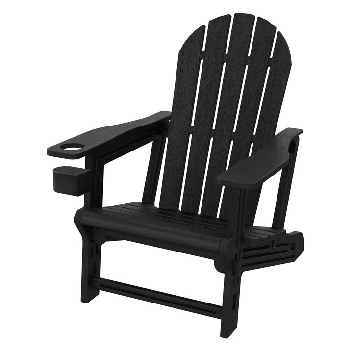 Scaun de gradina Adirondack ML-Design, cu suport pentru pahare, in culoare negru, din plastic cu aspect de lemn, rezistent la intemperii, sezlong pentru terasa, piscina, plaja