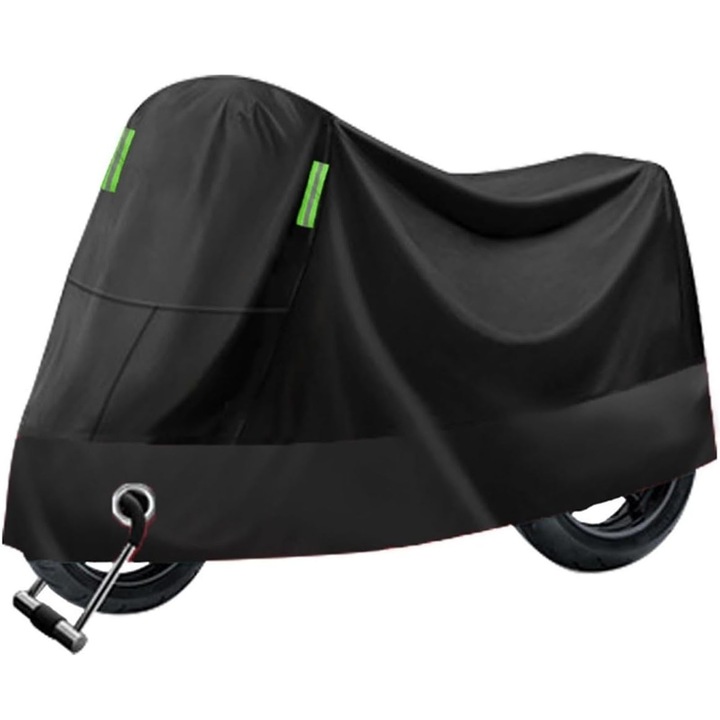 Husa moto Oxford, Hggzeg, XXL, Husa protectie moto cu banda reflectorizanta, Prelata bicicleta cu chinga cu catarama si elastic elastic, Rezistenta la ploaie, Rezistent la praf, Vant si razele UV, 245*105*125cm, Negru/Verde