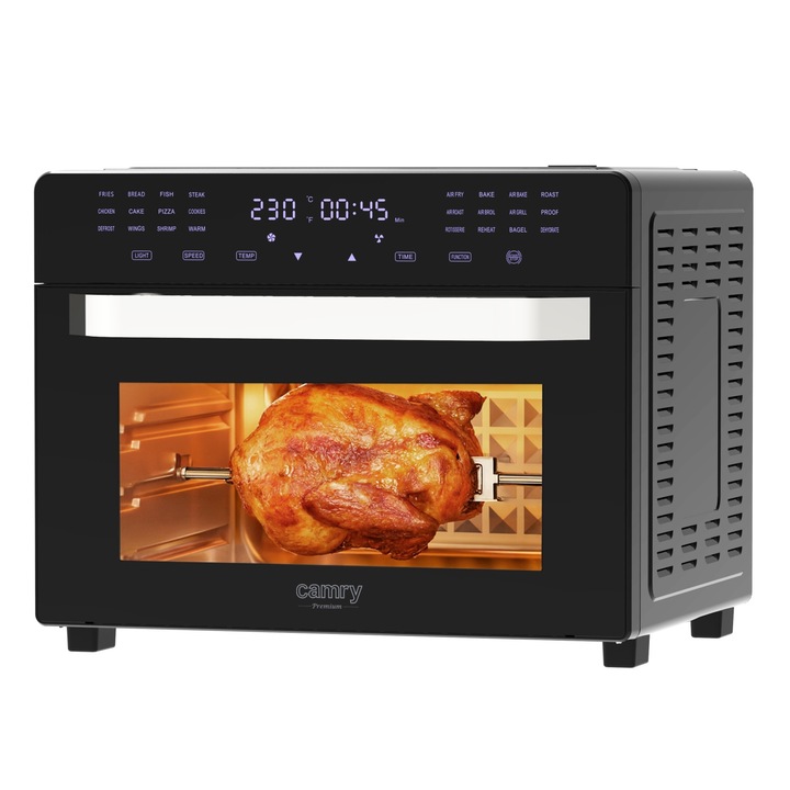 Cuptor electric cu aer cald Multifunctional Camry CR6323, 30L, Temperatura 80–230°C, 1700W, Convectie, 24 Programe Automate, Temporizator pana la 90 de minute, Usa Dubla din Sticla, Negru