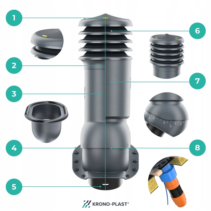 Kominek ventilat HiVent 125mm, set cu niveluri, universal, antracit 7016, 480x150mm