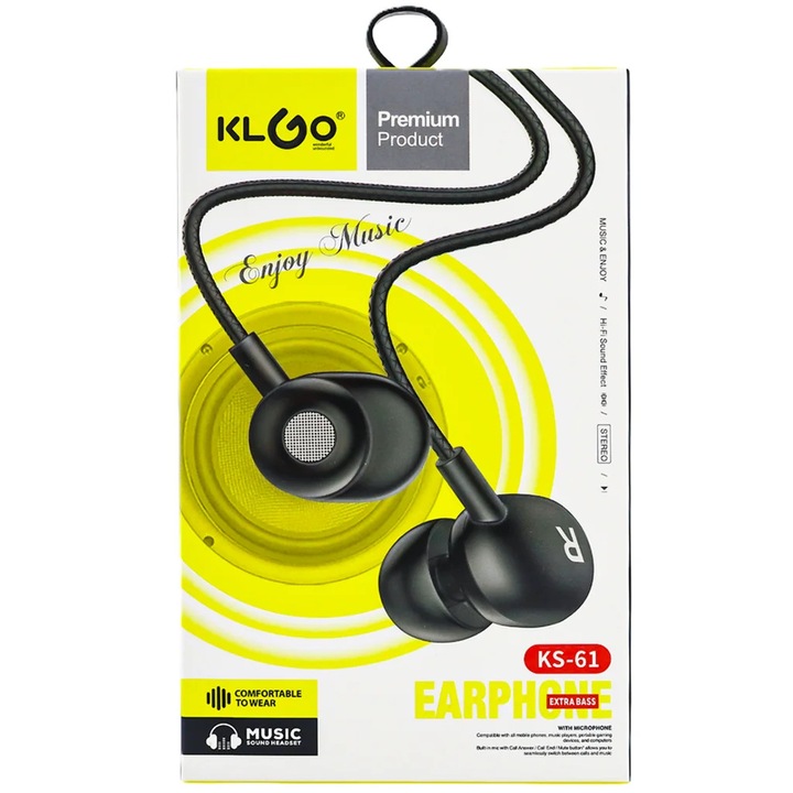 Casti In-Ear KLGO KS-61 cu Extra Bass si Microfon – Jack 3.5mm, Sunet Hi-Fi