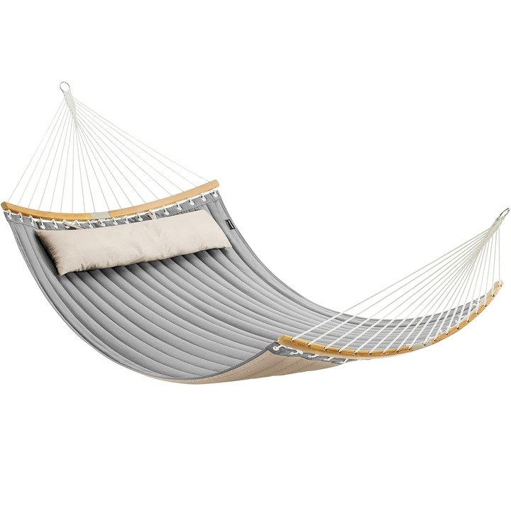 SONGMICS Hamac dublu cu bare curbate din bambus, perna inclusa, maxim 225 kg, 200x140 cm, gri