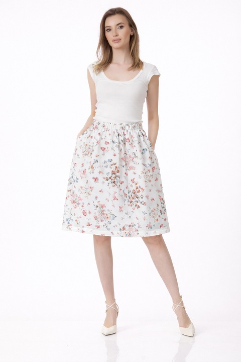 Fusta dama midi BE YOU cu imprimeu floral delicat si fluturi, Alb ecru