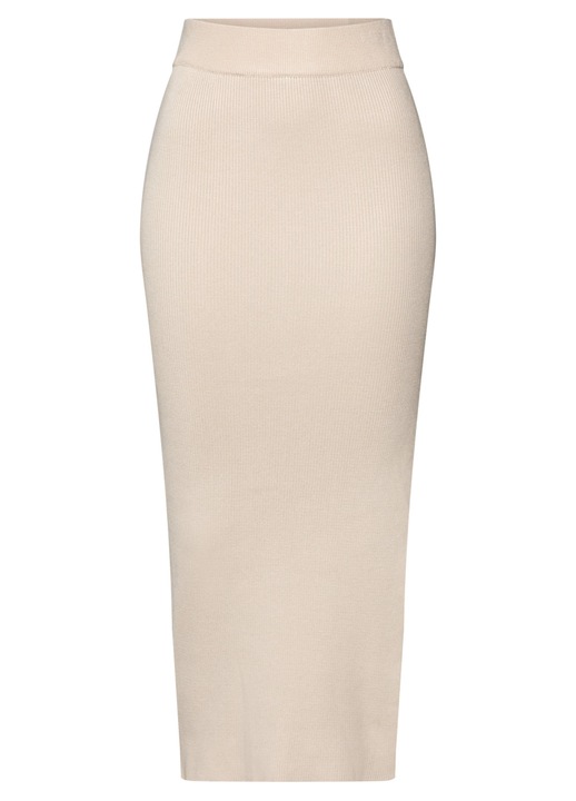 Fusta femei, LeGer, bej, midi, mulata, tricotata, cu slit, talie inalta, 38 EU