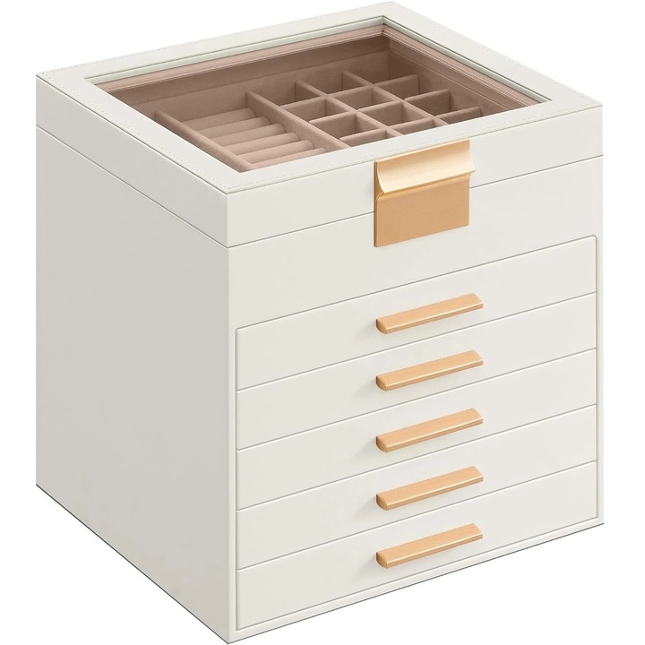 Cutie bijuterii Brius, 6 niveluri, 45 compartimente, alb auriu, 20x23x23 cm