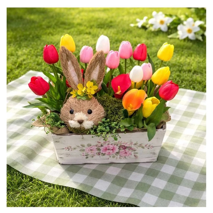 victiny Aranjament Paste din flori de spuma si figurina iepuras