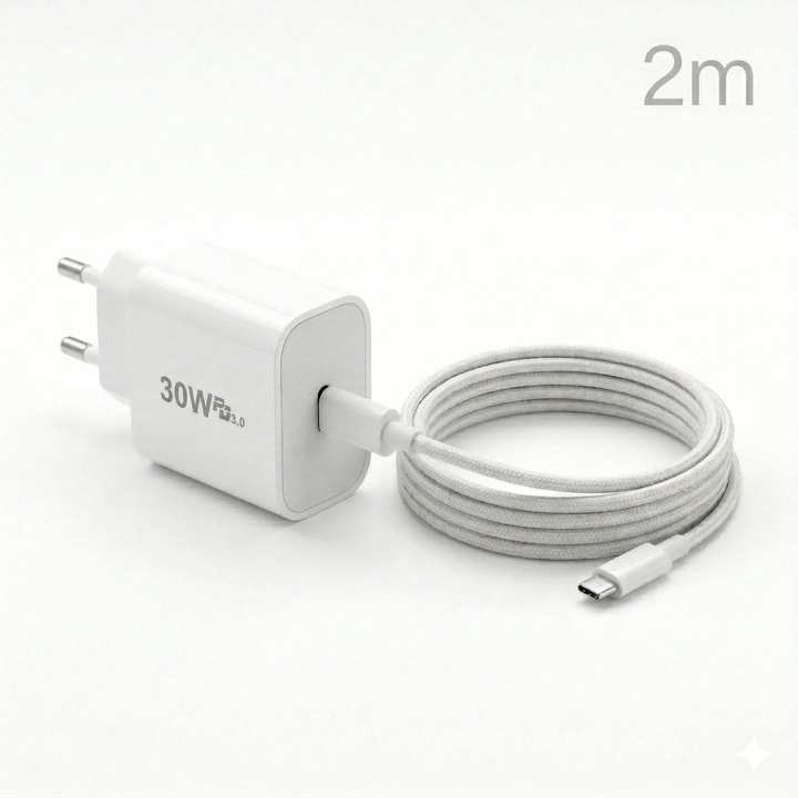 Incarcator de retea Wyred by Monga - Power 30C 2M, 30W Fast Charge, Power Delivery 3.0, Cablu USB-C 60W 2m, Impletitura Nailon, Alb