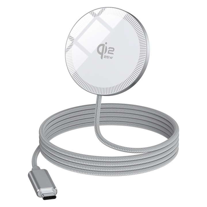 Безжично зарядно 25W Rikbo, съвместимо с MagSafe, бяло, текстилен кабел, тънък дизайн