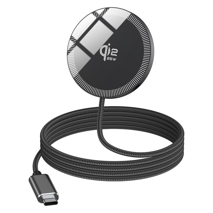 Безжично зарядно rikbo 25W бързо MagSafe, черно, USB-C, тънък дизайн