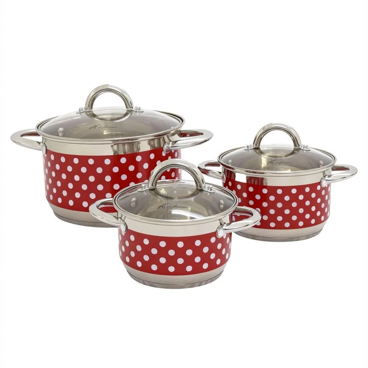 Set Oale Emailate 3 Piese cu Capace din Sticla – Design cu Buline, Compatibile cu Toate Sursele de Caldura