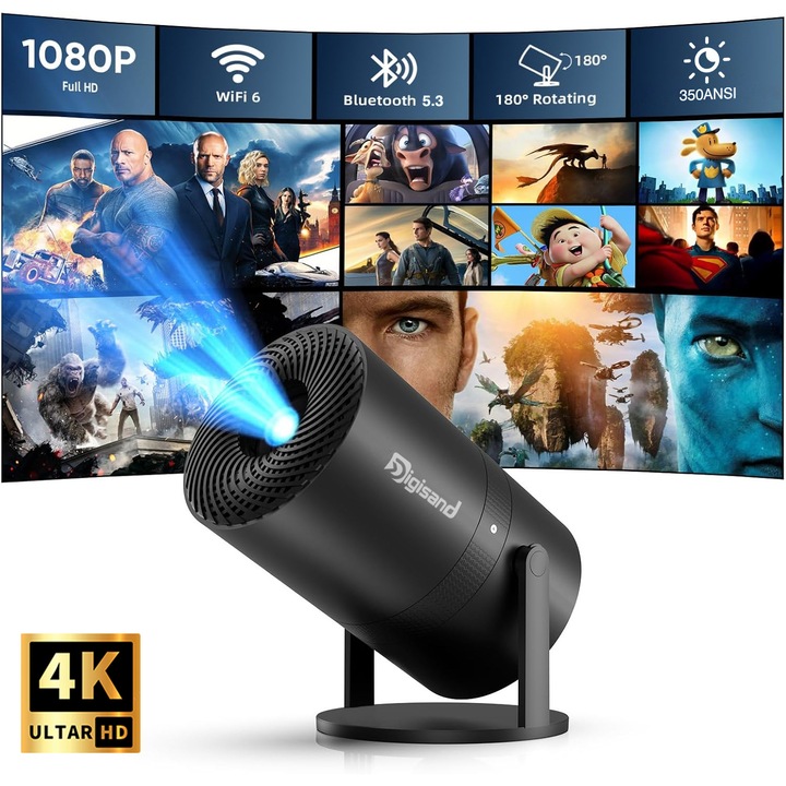 Videoproiector portabil，Digisand®，350Ansi，Android ATV，1080p HD, Suport 4K，Dual Wi-Fi 5G & 2.4G, Bluetooth 5.3, Corectare trapezoidala automata，Conexiune HDMI, USB si Mirroring Android/IOS, Negru