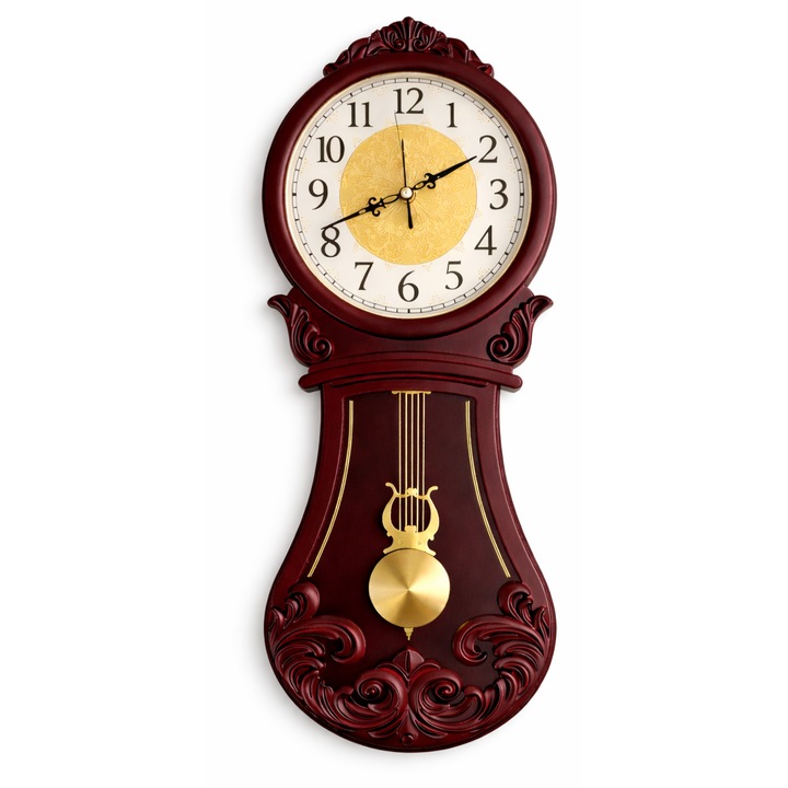 Ceas de perete cu pendul, design clasic elegant, 69 x 30 cm, cadran analogic, plastic, culoare mahon