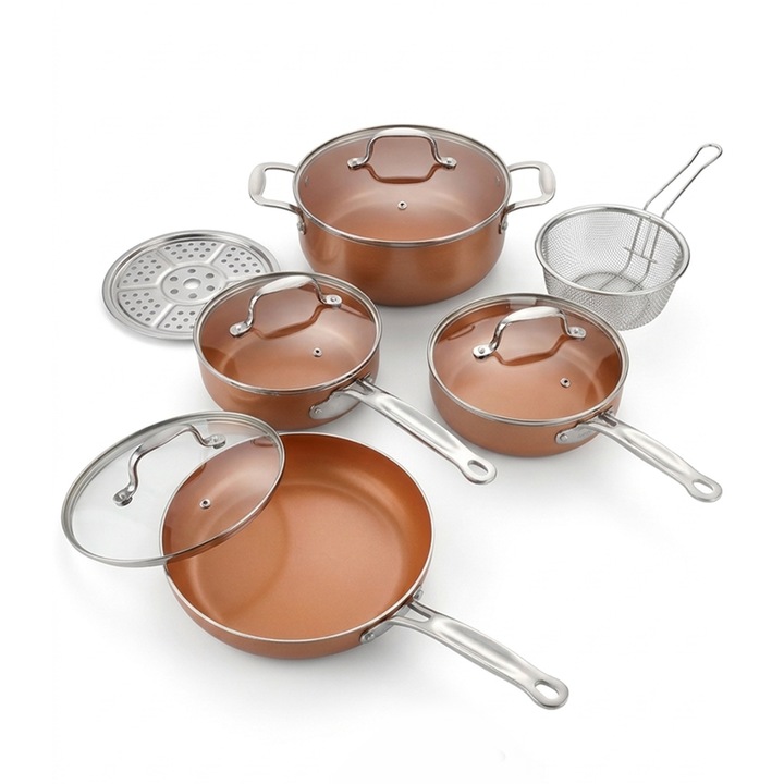 Set oala, tigaie si cratite cu capac NEXTLY, 9 piese pentru gatit, cos pentru prajit, disc, suprafata antiaderenta, compatibile cu plita pe gaz/electrice/cu inductie, diferite marimi, maro