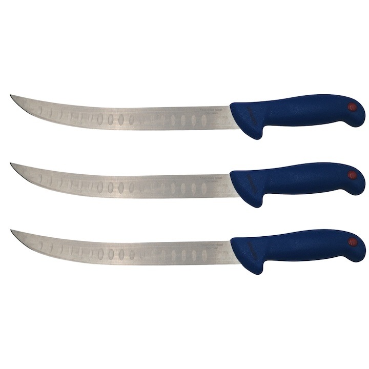 Set 3 cutite bucatarie profesionale tip Chef, otel inoxidabil, lama 38 cm, maner ergonomic albastru, utilizare intensiva