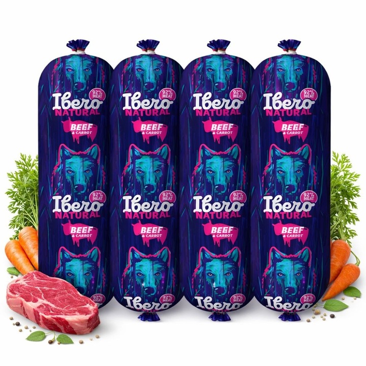 Ibero Natural Sausage Beef & Carrot – Set 4x800 g – carnati naturali pentru caini, cu vita si morcov, 92% carne
