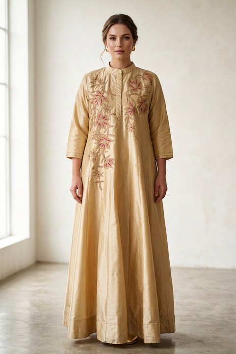 Rochie de ocazie, ivoire, matase Mashru, brodata manual, marime XL