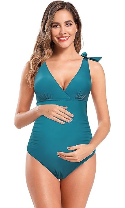 Costum de baie pentru femei gravide intreg, design modelator, bretele reglabile si bureti detasabili, efect tummy control, stil elegant pentru sarcina, Verde, Marimea M